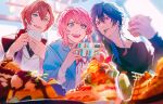  3boys amemura_ramuda androgynous arisugawa_dice bishounen black_shirt blue_eyes blue_jacket blurry cup depth_of_field desert eyelashes fling_posse food from_below green_eyes hair_between_eyes happy highres holding holding_cup holding_phone hood hooded_jacket hypnosis_mic ice_cream jacket japanese_clothes jewelry long_hair looking_at_phone male_focus minami_kazuki_(hanbee) multiple_boys open_mouth phone pink_hair pink_nails purple_hair red_eyes redhead shirt short_hair smile sundae taking_picture teacup teeth upper_body upper_teeth_only utensil_in_mouth yumeno_gentaro 