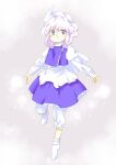  1girl :d apron bloomers bobby_socks full_body hat highres juliet_sleeves letty_whiterock long_sleeves nonamejd official_style outstretched_arms puffy_sleeves purple_skirt purple_vest shirt short_hair skirt skirt_set smile socks solo spread_arms touhou vest violet_eyes waist_apron white_apron white_bloomers white_hair white_headwear white_shirt white_socks zun_(style) 