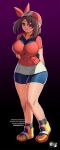  1girl arms_behind_back bike_shorts blue_eyes breasts brown_hair collarbone highres jadenkaiba large_breasts may_(pokemon) medium_hair pokemon pokemon_(anime) tight_clothes 