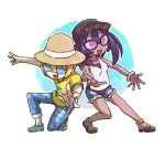  1boy 1girl baseball_cap blonde_hair brown_headwear dark-skinned_female dark_skin denim denim_shorts dexio_(pokemon) full_body green_footwear hat highres kotobukkii_(yt_lvlv) outstretched_arms pokemon pokemon_sm purple_hair shirt shorts sina_(pokemon) sunglasses v-shaped_eyebrows yellow_shirt 