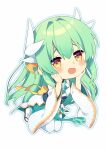  1girl :d blush_stickers brown_eyes chibi detached_sleeves dragon_horns fate/grand_order fate_(series) full_body green_hair green_kimono hair_between_eyes hands_up heart heart-shaped_pupils horns japanese_clothes kimono kiyohime_(fate) kusumoto_shizuru long_hair long_sleeves looking_at_viewer outline sandals simple_background smile solo symbol-shaped_pupils thigh-highs very_long_hair white_background white_outline white_sleeves white_thighhighs zouri 