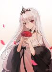  1girl absurdres artist_name bare_shoulders black_bow black_collar bouquet bow bridal_veil closed_mouth collar crown_hair_ornament dated detached_collar dress falling_petals flower girls_frontline highres holding holding_bouquet kar98k_(girls&#039;_frontline) kar98k_(purity_in_vermilion)_(girls&#039;_frontline) long_hair looking_at_viewer off_shoulder official_alternate_costume petals red_eyes red_flower sakatakin solo tiara upper_body veil very_long_hair wedding_dress white_hair 