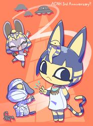  1boy 2girls :&lt; :d ^_^ animal_crossing ankha_(animal_crossing) anniversary arm_behind_back arm_up bandages black_hair blonde_hair blunt_bangs blush blush_stickers bonbon_(animal_crossing) cat_girl closed_eyes closed_mouth commentary_request dog_boy dress egyptian_clothes expressionless eyelashes flying_saucer furry furry_female furry_male hand_up highres kopa_nishikida looking_at_viewer lucky_(animal_crossing) multiple_girls nemes one_eye_covered open_mouth orange_background pyramid_(structure) rabbit_girl scorpion short_hair simple_background sleeveless sleeveless_dress smile spacecraft ufo uraeus usekh_collar white_dress yellow_eyes 