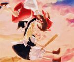  2girls absurdres apron bad_hands blonde_hair bloomers bow braid broom broom_riding brown_hair chinese_commentary closed_mouth commentary_request detached_sleeves eye_contact floating frilled_bow frilled_hair_tubes frills hair_bow hair_tubes hakurei_reimu hat hat_bow highres kirisame_marisa long_hair looking_at_another multiple_girls niangao_(8490593) red_bow red_eyes red_skirt ribbon-trimmed_sleeves ribbon_trim short_sleeves side_braid single_braid skirt skirt_set smile touhou upside-down waist_apron white_bloomers white_bow witch_hat yellow_eyes 