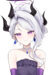  1girl absurdres black_horns blue_archive blush closed_mouth demon_horns dress elbow_gloves gloves grey_hair halo highres hina_(blue_archive) hina_(dress)_(blue_archive) horns jewelry long_hair looking_at_viewer mindoll multiple_horns necklace official_alternate_costume purple_dress purple_gloves simple_background smile solo strapless strapless_dress violet_eyes white_background 
