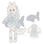  1girl animal_bag animal_ears arm_at_side asymmetrical_legwear backpack bag black_eyes blue_jacket blue_overalls blush_stickers bow collared_shirt cross-laced_clothes dog_ears dog_girl dog_tail expressionless full_body furry furry_female gomafuto hair_bow hood hood_down hooded_jacket jacket leg_warmers long_hair looking_at_viewer open_clothes open_jacket original overalls puffy_sleeves sandals shirt signature simple_background sleeves_past_fingers sleeves_past_wrists solo standing tail twitter_username uneven_legwear wavy_hair white_background white_hair white_shirt 