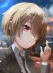  1girl :o absurdres alternate_costume asaba_touka black_necktie black_suit blonde_hair blurry blurry_background cigarette collared_shirt commentary_request crescent_moon eyelashes formal hair_ornament hair_over_one_eye hairclip heaven_burns_red highres holding holding_cigarette kayamori_ruka looking_at_viewer moon necktie night one_eye_covered open_mouth outdoors red_eyes shirt short_hair smoke solo suit translated tsurime white_shirt 