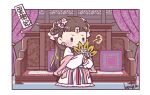  1girl :t artist_name blue_eyes blush_stickers brown_hair chibi chinese_clothes circlet closed_mouth couch curtains cushion earrings feather_fan flower flower_earrings hair_flower hair_ornament hair_rings half_updo hand_fan hanfu hecha holding holding_fan indoors jewelry kusuriya_no_hitorigoto lishu_(kusuriya_no_hitorigoto) long_hair long_sleeves looking_ahead pout puff_of_air robe shawl sitting solo very_long_hair white_robe 