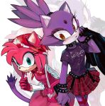  2girls amy_rose animal_ears bag bandana blaze_the_cat bracelet cat_ears cat_girl cat_tail collar forehead_jewel furry furry_female garter_straps gloves green_eyes highres jewelry multiple_girls n_jiujiu99 nail_polish pink_fur pink_gloves pleated_skirt ponytail purple_fur red_bandana red_thighhighs shirt shoulder_bag skirt smile sonic_(series) spiked_bracelet spiked_collar spikes tail thigh-highs yellow_eyes 