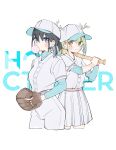  2girls absurdres alternate_costume antlers baseball_bat baseball_cap baseball_mitt baseball_uniform black_hair blue_hair blue_shirt blush braid braided_bangs branch ceres_fauna colored_inner_hair green_hair hat highres holding holding_baseball_bat hololive hololive_english horns looking_at_viewer mole mole_under_eye mpmrpjb multicolored_hair multiple_girls ouro_kronii pants pleated_skirt ponytail shirt short_hair skirt smile sportswear virtual_youtuber white_pants white_skirt 