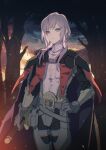  1boy androgynous armor belt belt_buckle black_cape buckle cape cowboy_shot fire fire_emblem fire_emblem:_three_houses gloves grey_armor grey_belt grey_gloves hand_on_own_hip highres holding holding_sword holding_weapon leather_armor long_hair long_sleeves looking_at_viewer male_focus mami_(apsaras) night parted_lips purple_hair shirt solo standing sword tree vambraces violet_eyes weapon white_shirt wispy_bangs yuri_leclerc 