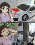  1girl absurdres azumanga_daioh before_and_after brown_eyes brown_hair car car_crash highres liamickpie looking_at_viewer motor_vehicle smile solo tanizaki_yukari timestamp utility_pole 