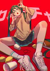  114_usamaro 1girl :o aqua_eyes aqua_hair book book_stack casual chromatic_aberration cup disposable_cup film_grain food from_below fruit hatsune_miku head_tilt highres hood hoodie knees knees_apart_feet_together lemon ok_sign pleated_skirt red_background shoes skirt sneakers socks solo spread_legs string_phone twintails vocaloid white_socks yellow_hoodie 