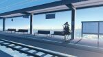  1girl above_clouds ankle_socks bench billboard black_capelet black_footwear black_headwear black_skirt blonde_hair blue_sky broom capelet clouds collared_shirt commentary_request fantasy floating hat highres holding holding_broom long_hair long_sleeves looking_ahead nahara_saki neck_ribbon original outdoors pink_ribbon railroad_tracks ribbon shadow shirt shoes skirt sky socks solo standing train_station train_station_platform waiting white_shirt white_socks wide_shot witch witch_hat 