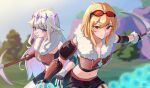  2girls alternate_costume blonde_hair dreamoon131 highres hololive hololive_english hololive_indonesia kaela_kovalskia koseki_bijou long_hair multiple_girls navel pickaxe red_eyes violet_eyes virtual_youtuber white_hair 