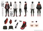  1boy algorhythm_project animal_ears black_footwear black_gloves black_hair closed_mouth collar collared_shirt copyright_name english_commentary english_text fingerless_gloves gloves hyouga_alpha jacket jiman multicolored_hair multiple_views official_art redhead reference_sheet second-party_source shirt shoes short_hair short_ponytail sneakers streaked_hair tail virtual_youtuber white_shirt yellow_eyes 