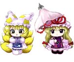  2girls animal_ear_headwear animal_ears blonde_hair blue_tabard blush_stickers bow chibi commentary dot_mouth dress fake_animal_ears fox_tail full_body hair_bow hands_in_opposite_sleeves hat hat_ribbon hat_tassel highres holding holding_umbrella long_hair long_sleeves looking_at_viewer medium_hair mob_cap multiple_girls multiple_tails open_mouth own_hands_together purple_tabard red_bow red_ribbon ribbon simple_background smile socks standing symbol-only_commentary tabard tail touhou umbrella violet_eyes white_background white_dress white_headwear white_socks yakumo_ran yakumo_yukari yakumora_n yellow_eyes zun_(style) 