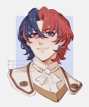  1boy absurdres aimaru alear_(fire_emblem) alear_(male)_(fire_emblem) blue_eyes blue_hair crossed_bangs fire_emblem fire_emblem_engage heterochromia highres multicolored_hair portrait red_eyes redhead solo split-color_hair two-tone_hair 