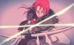  1boy absurdres armor black_gloves bow_(weapon) cloak closed_eyes commentary daisi_gi drawing_bow facing_viewer failnaught_(fate) fate/grand_order fate_(series) fur-trimmed_cloak fur_trim gloves highres holding holding_bow_(weapon) holding_weapon long_hair male_focus mouth_hold pink_background redhead slashing solo symbol-only_commentary torn_cloak torn_clothes tristan_(fate) upper_body weapon white_cloak wispy_bangs 