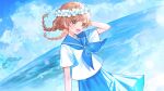  1girl :d absurdres arm_up bird blue_neckerchief blue_sailor_collar blue_skirt blue_sky blurry bokeh brown_eyes brown_hair clouds cloudy_sky commentary_request day depth_of_field dutch_angle floating_hair flower_wreath hand_on_own_head head_wreath highres horizon indie_virtual_youtuber long_bangs low_twintails neckerchief ocean official_art open_mouth outdoors pleated_skirt sailor_collar sayu_(snowman_and_mayu) school_uniform serafuku shirt short_sleeves skirt sky smile solo swept_bangs teeth three_quarter_view twintails upper_teeth_only virtual_youtuber waves white_shirt wind yuu_(vtuber) 