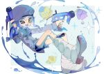  1girl ;d badge beret black_shorts blue_background blue_hair blue_tongue blush boots border brown_pupils button_badge collared_shirt colored_tongue commentary_request dapple_dualies_(splatoon) dual_wielding fangs gift_art green_eyes grey_shirt gun halo hand_up hat highres holding holding_gun holding_weapon inkling inkling_girl jacket knee_boots long_sleeves looking_at_viewer medal one_eye_closed open_mouth outside_border p-pepper paint paint_splatter paint_splatter_on_face purple_headwear purple_jacket shirt short_hair short_shorts shorts sidelocks simple_background smile solo sparkle splatoon_(series) stuffed_animal stuffed_bird stuffed_toy tentacle_hair thick_eyebrows violet_eyes weapon white_border white_footwear zipper zipper_pull_tab 