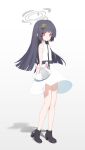  1girl absurdres alternate_costume ama_doooo bag black_footwear black_hair blue_archive boots casual dress full_body high_heel_boots high_heels highres miyu_(blue_archive) red_eyes solo white_dress 