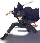  1boy black_eyes black_footwear black_hair black_jacket black_necktie black_pants black_shirt blue_coat closed_mouth coat coat_on_shoulders fighting_stance full_body furrowed_brow halorane holding holding_sheath holding_sword holding_weapon ishikawa_goemon_xiii jacket looking_ahead lupin_iii male_focus necktie pants shadow sheath shirt solo sword weapon white_background 