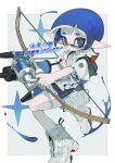  1girl backpack bag black_shorts blue_eyes blue_hair blunt_bangs blush boots border bow_(weapon) brown_pupils buttons closed_mouth commentary_request commission expressionless glasses grey_background hand_up highres holding holding_bow_(weapon) holding_weapon inkling inkling_girl leg_up lensless_glasses looking_at_viewer outside_border outstretched_hand p-pepper pointy_ears shirt short_eyebrows short_hair short_shorts short_sleeves shorts sidelocks simple_background solo splatoon_(series) star_(symbol) tentacle_hair tri-stringer_(splatoon) weapon white_border white_footwear white_shirt 