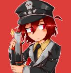  1boy black_headwear black_jacket black_necktie blush camb_hkbk epic_battle_fantasy gun hat jacket lance_(epic_battle_fantasy) long_sleeves looking_to_the_side male_focus medal military_hat military_uniform necktie red_background red_eyes redhead shirt simple_background solo uniform upper_body weapon yellow_shirt 