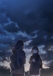  2girls backlighting backpack bag black_skirt blush brown_bag brown_eyes brown_hair brown_jacket clouds cloudy_sky commentary_request facing_away highres holding_strap hood hood_down hooded_jacket jacket long_hair long_sleeves looking_at_another medium_hair multiple_girls nahara_saki original outdoors own_hands_together parted_lips pleated_skirt school_bag skirt sky standing toggles wind 