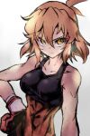  abs absurdres black_tank_top blonde_hair breasts closed_mouth gloves gradient_background hair_between_eyes hand_on_own_hip highres large_breasts looking_at_viewer mutsuki_riichi red_gloves senki_zesshou_symphogear short_hair simple_background sportswear sweat tachibana_hibiki_(symphogear) tank_top toned upper_body yellow_eyes 