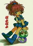  &gt;_&lt; 1girl arle_nadja armor blob blue_footwear blue_skirt blue_wristband blush_stickers boots brown_eyes brown_hair chromatic_aberration copyright_name full_body half_updo highres looking_at_viewer looking_up menma_(enaic31) parted_lips ponytail puyo_(puyopuyo) puyopuyo short_hair short_sleeves shoulder_armor sitting skirt stack twitter_username vest white_vest wristband 