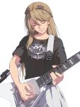  1girl blonde_hair braid chiharu_(9654784) closed_eyes crown_braid eiyuu_densetsu elaine_auclair electric_guitar english_text falcom french_braid guitar hair_between_eyes highres holding holding_instrument instrument kuro_no_kiseki music parted_bangs playing_instrument shirt short_sleeves sidelocks simple_background skirt smile solo t-shirt white_background 