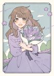  1girl :d blush border bouquet brown_eyes brown_hair clouds commentary_request cowboy_shot dress flower holding holding_bouquet long_hair long_sleeves looking_at_viewer nahara_saki open_mouth original ornate_border purple_dress purple_flower smile solo split_mouth standing white_flower wind yellow_border 