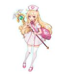  1girl backpack bag bandaid bandaid_on_knee bandaid_on_leg blonde_hair breasts dress full_body game_cg hat holding holding_weapon little_witch_nobeta long_hair looking_at_viewer nobeta non-web_source nurse nurse_cap official_art open_mouth pink_footwear red_eyes shoes short_dress short_sleeves shoulder_bag simple_background small_breasts solo staff standing thigh-highs transparent_background very_long_hair weapon white_dress white_headwear white_thighhighs zettai_ryouiki 