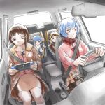  4girls ayanami_rei blue_hair brown_eyes brown_hair car_interior character_doll crossover driving expressionless gaspineitor iwakura_lain multiple_girls neon_genesis_evangelion nintendo_switch red_eyes rei_chikita serial_experiments_lain short_hair sitting skirt socks white_socks 