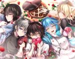  5boys akira_(togainu_no_chi) animal_ears arm_around_shoulder black_hair blonde_hair blue_hair blush box box_of_chocolates cat_boy cat_ears coat commentary_request company_connection crossover dramatical_murder eating falling_petals flower gift grey_eyes grey_hair hair_between_eyes highres holding holding_gift konoe_(lamento) lamento long_hair looking_at_viewer lying male_focus multiple_boys multiple_crossover nitro+_chiral on_back open_mouth otoko_no_ko petals red_flower red_rose rose sakiyama_youji seragaki_aoba serious shirt short_hair shy slow_damage smile sweet_pool togainu_no_chi towa_(slow_damage) upper_body valentine white_coat willfin yellow_eyes 