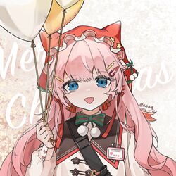  1girl balloon black_sailor_collar blue_eyes bow bowtie bren_ten_(girls&#039;_frontline) bren_ten_(velvet_shortcake)_(girls&#039;_frontline) commentary_request dated dress english_text green_bow green_bowtie hair_ornament hair_ribbon hairclip highres holding holding_balloon long_hair long_sleeves merry_christmas name_tag official_alternate_costume open_mouth pink_hair pom_pom_(clothes) red_headwear red_ribbon ribbon sailor_collar sakatakin shirt signature smile solo strap upper_body white_dress 