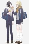  2girls bag bag_charm black_hair blazer blonde_hair blue_bag blue_jacket blue_necktie blue_pants blue_skirt breath brown_footwear brown_scarf charm_(object) commentary crepe diagonal-striped_clothes diagonal-striped_necktie earrings eyes_visible_through_hair food full_body grey_background grey_sweater gyaru hair_over_one_eye haru_(osananajimi_biglove) highres holding holding_food jacket jewelry kanno_fumi_(kannno23) koyuki_(osananajimi_biglove) loafers long_hair long_sleeves multiple_girls necktie open_clothes open_jacket open_mouth osananajimi_biglove pants pleated_skirt scarf school_bag school_uniform shirt shoes short_hair shoulder_bag simple_background skirt sleeves_past_wrists striped_clothes sweater twitter_username violet_eyes white_leg_warmers white_scarf white_shirt 