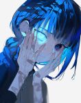  1girl bandaid bandaid_on_arm bandaid_on_hand blue_eyes blue_hair braid closed_mouth expressions glowing glowing_eye hands_on_own_face heterochromia highres looking_at_viewer mizumi_zumi original portrait side_braid simple_background solo wet white_background 