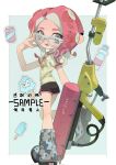  1girl :d black_shorts blue_background blue_footwear boots border bottle brown_footwear can commentary_request e-liter_4k_(splatoon) fang food glasses grey_eyes grey_footwear gun hand_up highres ice_cream ice_cream_cone looking_at_viewer looking_back medium_hair multicolored_footwear octoling octoling_girl open_mouth outside_border p-pepper parted_bangs pink_hair pointy_ears popsicle print_shirt sample_watermark shirt short_shorts short_sleeves shorts sidelocks simple_background smile solo splatoon_(series) sticker suction_cups t-shirt tentacle_hair watermark weapon white-framed_eyewear white_border white_shirt 