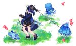  1girl ahoge arrow_(symbol) asymmetrical_gloves bare_legs black_footwear black_gloves black_shorts blue_hair blue_headwear blue_jacket cioccolatodorima commentary furina_(genshin_impact) genshin_impact gloves grass hat high_heels highres holding holding_leash jacket leash long_sleeves meme mismatched_gloves rough_day_for_mom_(meme) short_hair short_shorts shorts socks thigh_strap top_hat white_gloves 