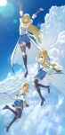  3girls above_clouds absurdres ahoge arms_up belt blonde_hair blue_choker blue_dress blue_sky boots breasts cape chest_armor choker closed_mouth clouds detached_sleeves dress e_ga_ku flying full_body gloves gran_maria high_heel_boots high_heels highres isekai_nonbiri_nouka knee_boots kudel_(isekai_nonbiri_nouka) kurone_(isekai_noubiri_nouka) lens_flare long_hair looking_at_viewer medium_breasts multiple_girls open_mouth pantyhose purple_gloves purple_pantyhose short_hair shoulder_pads sky smile uniform very_long_hair white_cape yellow_eyes 