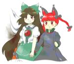  2girls :d animal_ears bow braid brown_eyes brown_hair cat_ears cat_girl collared_shirt control_rod dress extra_ears frilled_shirt_collar frills green_bow green_skirt grey_bow grey_dress hair_bow holding_hands interlocked_fingers juliet_sleeves kaenbyou_rin long_hair long_sleeves multiple_girls multiple_hair_bows nonamejd official_style parted_bangs puffy_short_sleeves puffy_sleeves red_eyes redhead reiuji_utsuho shirt short_sleeves skirt smile third_eye third_eye_on_chest touhou twin_braids very_long_hair white_shirt zun_(style) 