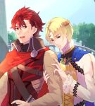  2boys alfred_(fire_emblem) ascot blue_cape cape diamant_(fire_emblem) fire_emblem fire_emblem_engage high_collar male_focus multiple_boys prince red_cape red_eyes redhead riou_(pooh920) yellow_ascot 
