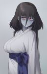  1girl absurdres alternate_costume black_hair breasts colored_skin fukayama_(0ppaityuki) grey_skin hair_between_eyes highres japanese_clothes kimono large_breasts long_hair red_eyes sidelocks solo white_kimono yamada_tae zombie zombie_land_saga 