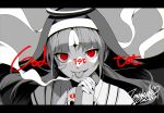  1girl absurdres aimaina artist_name bandaid bandaid_on_face black_border black_nails border cigarette enishidayuu german_text grey_background habit halo highres kamippoina_(vocaloid) long_hair looking_at_viewer monochrome nun original own_hands_together piercing red_eyes signature simple_background smile smoke solo tongue tongue_out tongue_piercing twintails vocaloid 