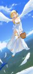  1girl absurdres angel angel_wings basket blonde_hair blue_ribbon breasts detached_sleeves dress e_ga_ku falling_feathers flying forest fruit_basket full_body hair_ribbon highres holding holding_basket isekai_nonbiri_nouka large_breasts nature ribbon river side_slit sleeveless sleeveless_dress solo thigh-highs thigh_strap tia_(isekai_nonbiri_nouka) white_dress white_thighhighs wings yellow_eyes 