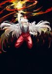  1girl bow fire fujiwara_no_mokou glowing glowing_eyes hair_bow hand_up highres jumping pants phoenix_wings red_pants red_suspenders shirt suspenders touhou white_hair white_shirt yellow_eyes yudofu33 