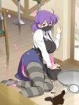  1girl accident against_wall ahoge apron bar_stool barista black_apron black_footwear black_pantyhose blue_skirt blush breasts cafe chair coffee coffee_cup counter creamer_packet cup disposable_cup door energy fallen_down hair_between_eyes highres kunai kuroudo_(senran_kagura) large_breasts light_particles long_sleeves looking_at_viewer mask mouth_mask official_art on_floor pantyhose plate purple_hair senran_kagura senran_kagura_new_wave shirt short_hair skirt solo spill spoon stool striped_clothes striped_pantyhose tray violet_eyes waitress weapon white_shirt wooden_floor yaegashi_nan 